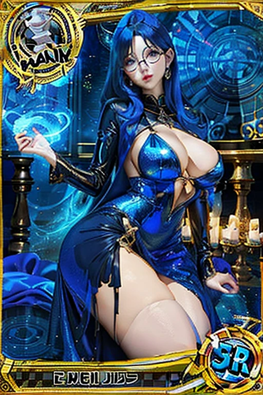 trading card of witch with big breasts sexy pose metallic blue sexy dress, glasses