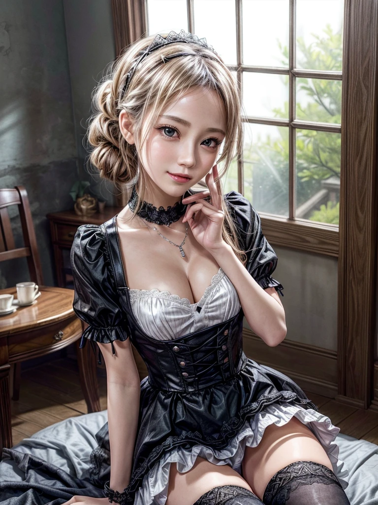 (8K, Photorealistic, Raw photo, of the highest quality: 1.3), (1girl in), Super beautiful, (Realistic face), (boyish, Silver Color Berry Shorthair), Beautiful , Glare that captivates the viewer, Beautiful expression, Beautiful breasts, (Realistic skin), Be...Super high quality, super high definition, super detailed, masterpiece, 20years old, female, cute, perfect face, beautiful, nice body, gothic lolita clothes, gothic lolita fashion, frilly skirt, headdress, necklace, bracelet, knee-high socks, boots, double eyelids, tear bags, Detailed down to the fingers, photo-like description, indoors, dim indoor lighting, blonde hair, pony tail, standing, whole body, composition that shows the whole body, smiling