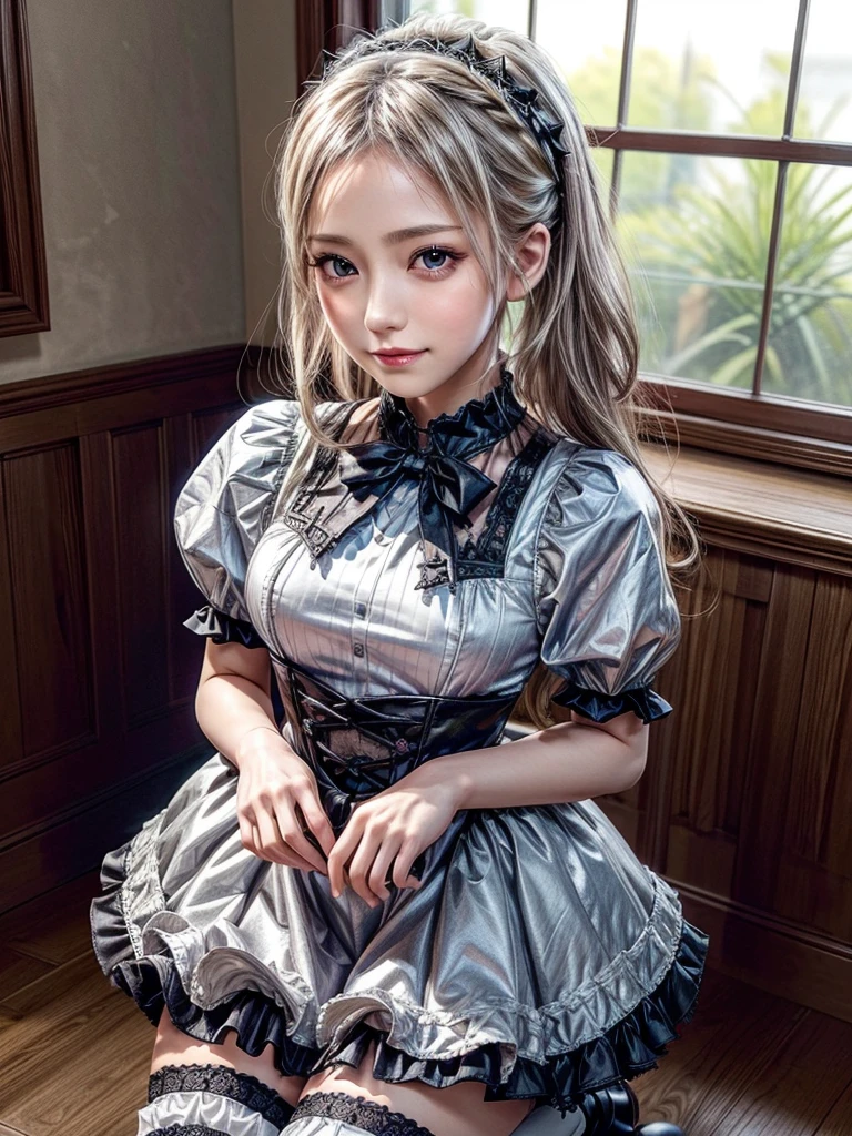 (8K, Photorealistic, Raw photo, of the highest quality: 1.3), (1girl in), Super beautiful, (Realistic face), (boyish, Silver Color Berry Shorthair), Beautiful , Glare that captivates the viewer, Beautiful expression, Beautiful breasts, (Realistic skin), Be...Super high quality, super high definition, super detailed, masterpiece, 20years old, female, cute, perfect face, beautiful, nice body, gothic lolita clothes, gothic lolita fashion, frilly skirt, headdress, necklace, bracelet, knee-high socks, boots, double eyelids, tear bags, Detailed down to the fingers, photo-like description, indoors, dim indoor lighting, blonde hair, pony tail, standing, whole body, composition that shows the whole body, smiling