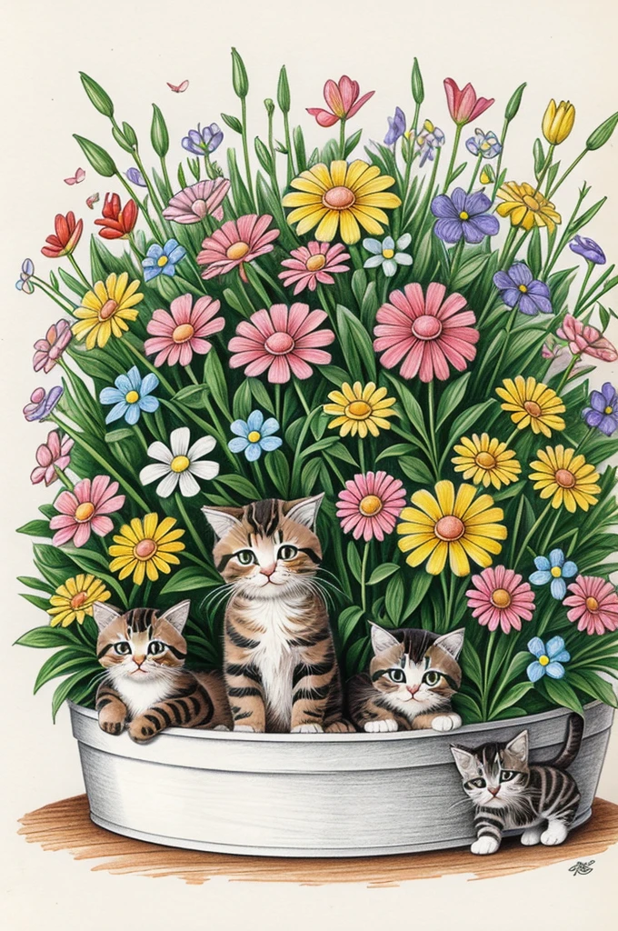 Asme a cartoon style pencil drawing of a flower box with cute kittens