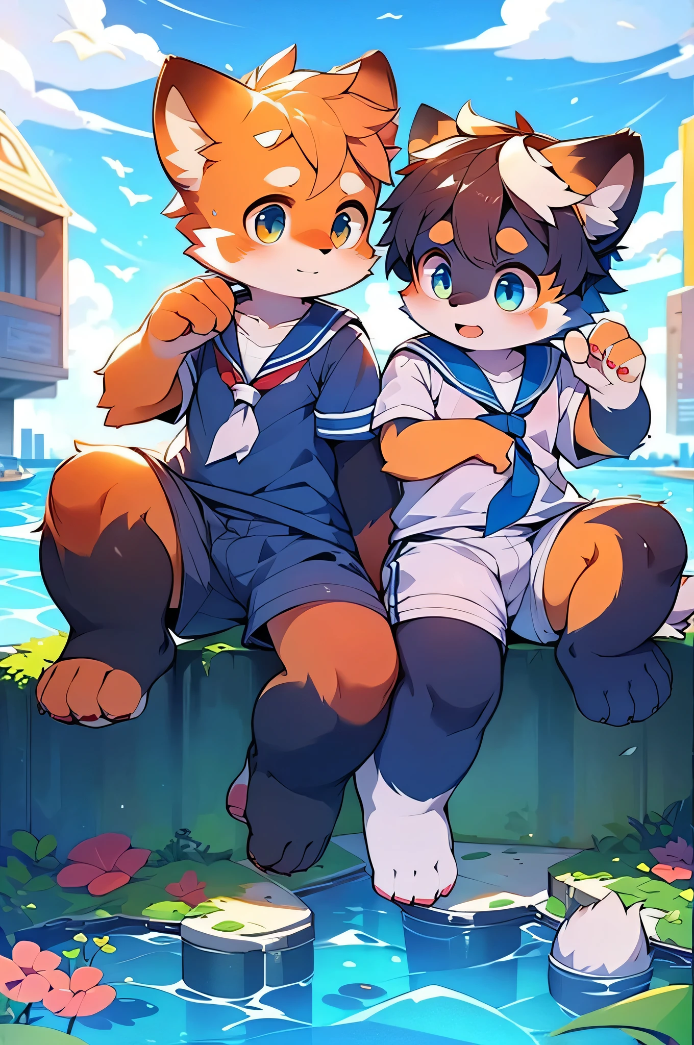 furのような,super high quality,Very detailed,High resolution,Purple Cat,male,Ocean,Sailor suit,School,(Cheerful Teenager 1、13 years old:1.3),Pixiv Contest Winners, Perfect Anatomy,blue sky,Red ear,fur,thin tail,Long ears,Squid ears,Dirty Face,Ahegao eyes