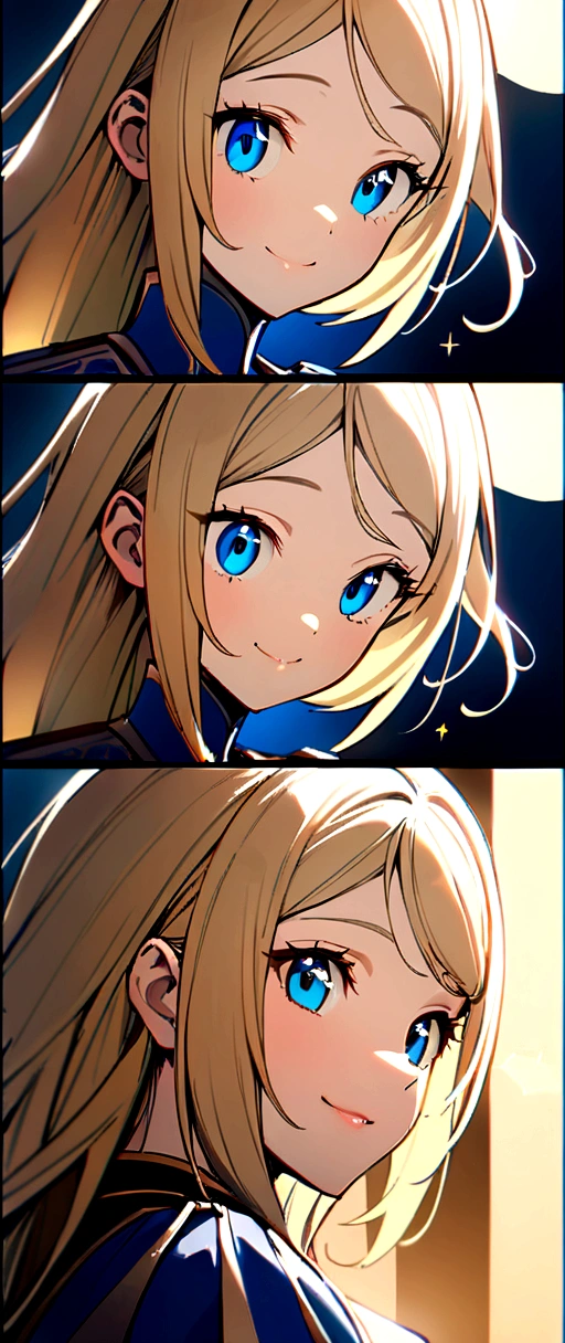 best quality, high resolution, one woman, focus on the woman, portrait, long blonde hair, blue regal clothing, good posture, nice pose, straight angle, best quality, ambient lighting, ++++, high res, delicate and beautiful, blue eyes, detailed eyes, smile, happy, joyful expression, big eyes