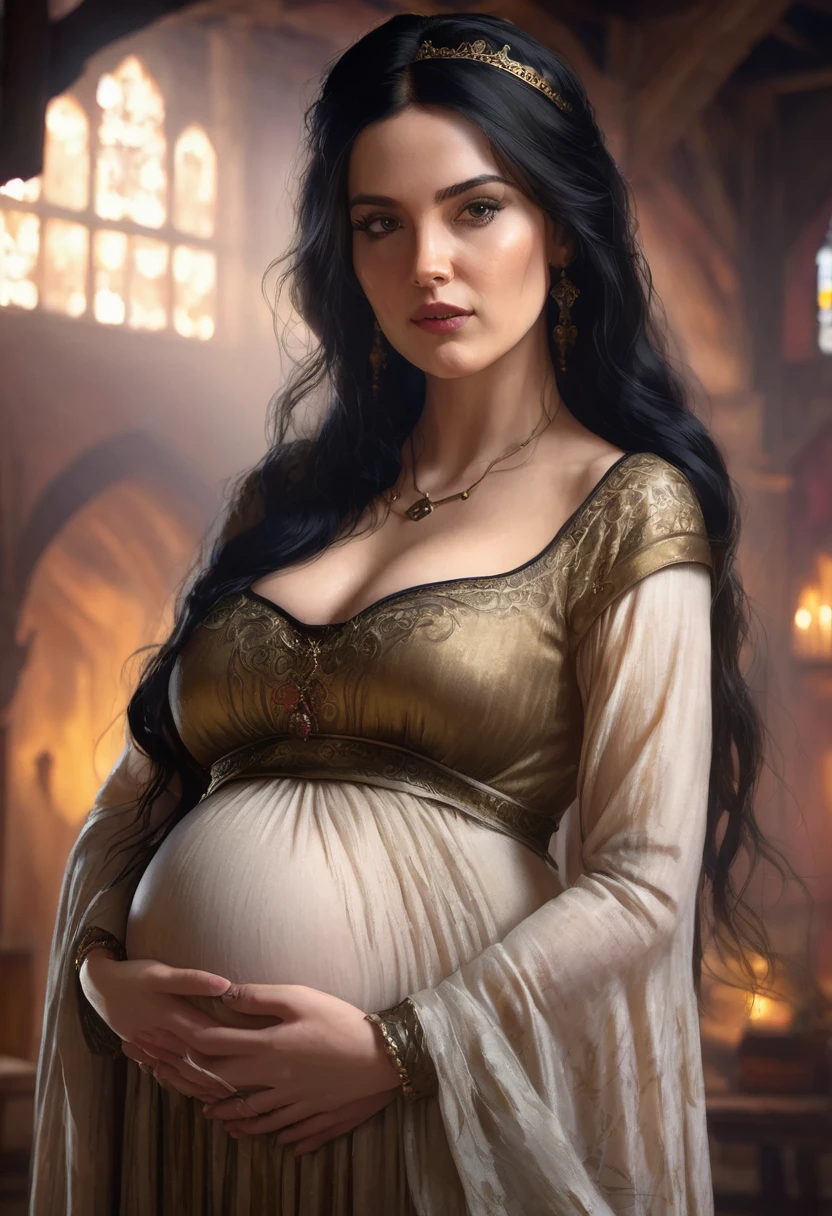 1 woman, inside a beautiful medieval room, wearing sensual medieval courtesan clothing, slightly large pregnant belly, detailed facial features, dark and feminine eyes, detailed light skin, messy black hair, strong expression, dramatic lighting, cinematic composition, warm color palette, atmospheric fog, pretty face, thin chin, beautiful newly pregnant woman, slim body (best quality, 4K, 8K, high resolution, art: 1,2), ultra-detailed, (realistic, photorealistic, photorealistic: 1, 37)