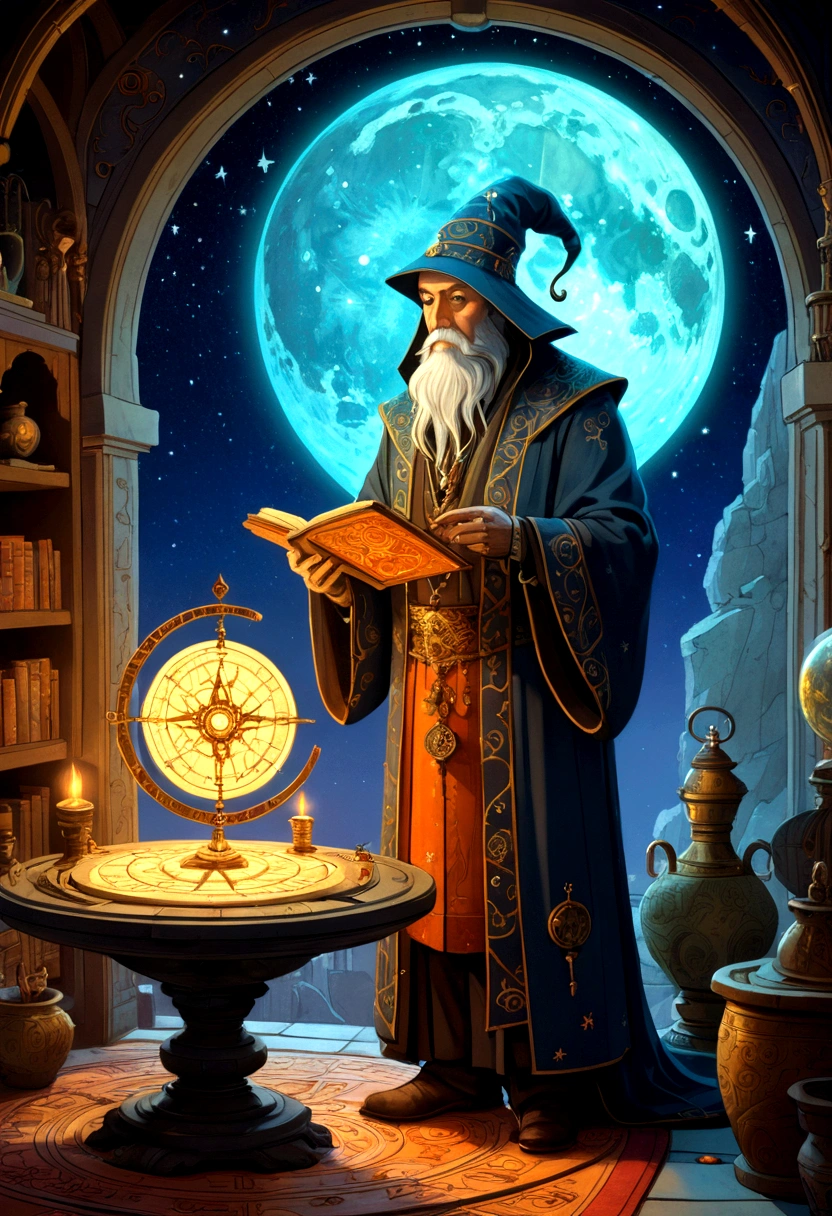 mysterious Astrologer, by dan mumford, full body, cinematic still, cinemascope, best quality, masterpiece, very aesthetic, perfect composition, intricate details, ultra-detailed, vivid colors