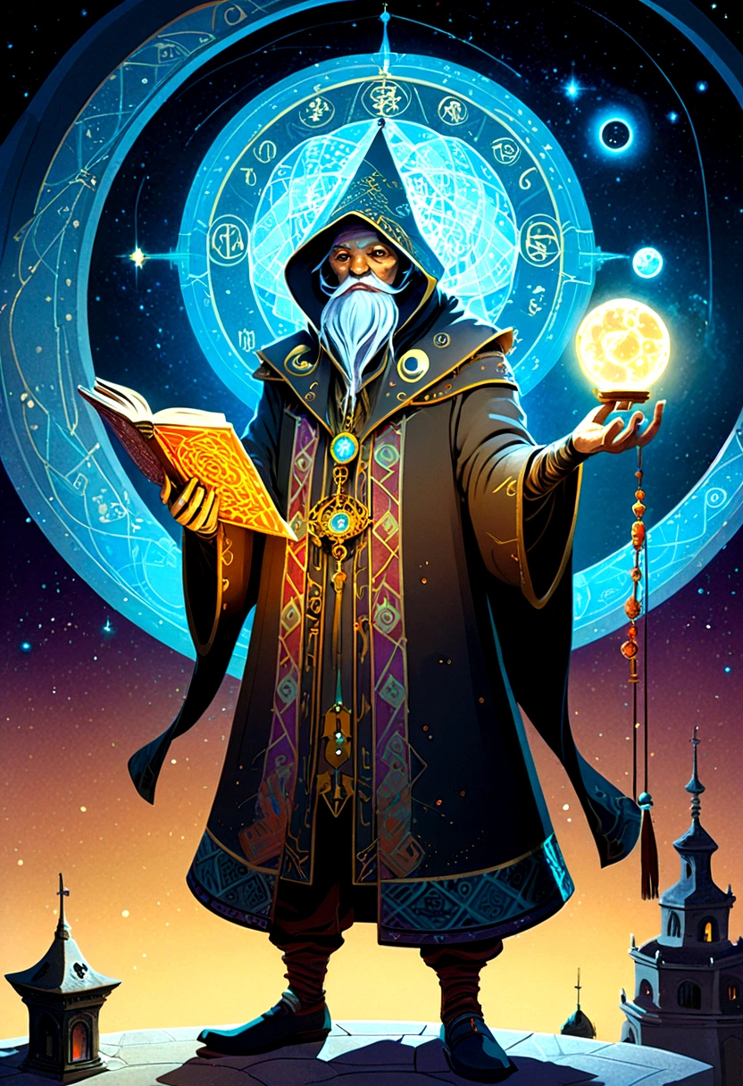 mysterious Astrologer, by dan mumford, full body, cinematic still, cinemascope, best quality, masterpiece, very aesthetic, perfect composition, intricate details, ultra-detailed, vivid colors