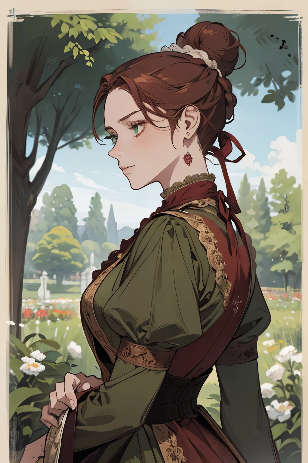 digital painting of a woman with her hair tied up in a bun, green eyes, young noblewoman from the 1800s , Soft Features, dark red dress, in the garden, PORTRAIT STYLE, looking away, crook in the nose, long aquiline nose