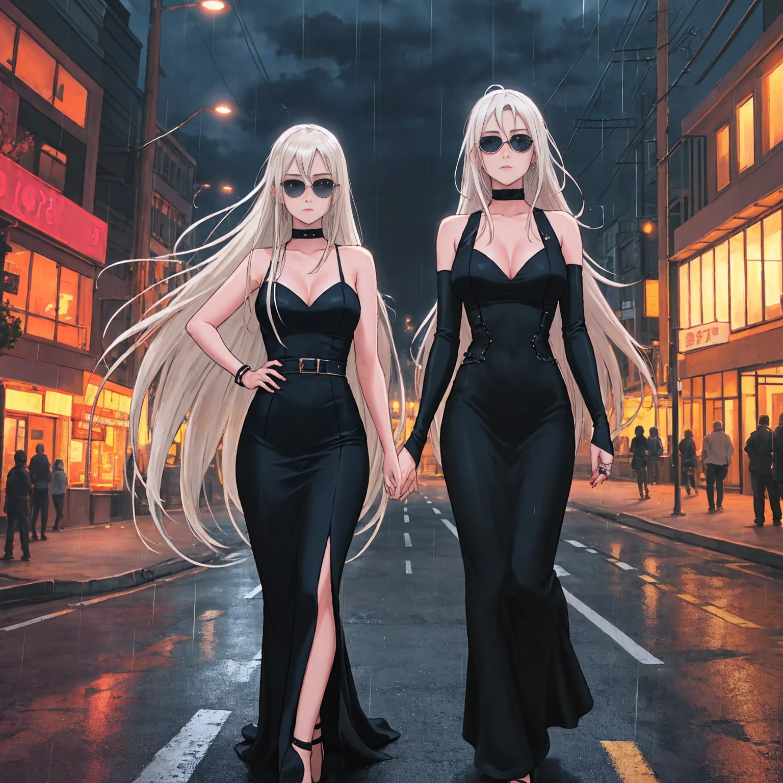Setting:
Atmospheric Street Background (Think bustling city street at night with neon lights and rain, a foggy alleyway, or a deserted highway at dusk) - Choose the specific atmosphere you desire.
Character:
Appearance:
Ultra Quality - High level of detail and realism
Shiny Skin - Glowing and healthy
Long White Hair - Flowing down the back
Narrowed Black Eyes - Focused and intense expression (sharp or piercing)
Attire:
Long Black Dress - Elegant and flowing
Pose:
Fingers Crossed - A gesture hinting at hope, nervousness, or even making a wish.
Accessories:
Sunglasses - Adding a touch of mystery or coolness (consider the style of sunglasses to match the overall mood)
Additional Notes:
Consider adding details about the character's posture (standing tall, leaning against a wall, etc.) to enhance the scene.
The quality of the image is 8K or Cinematic 