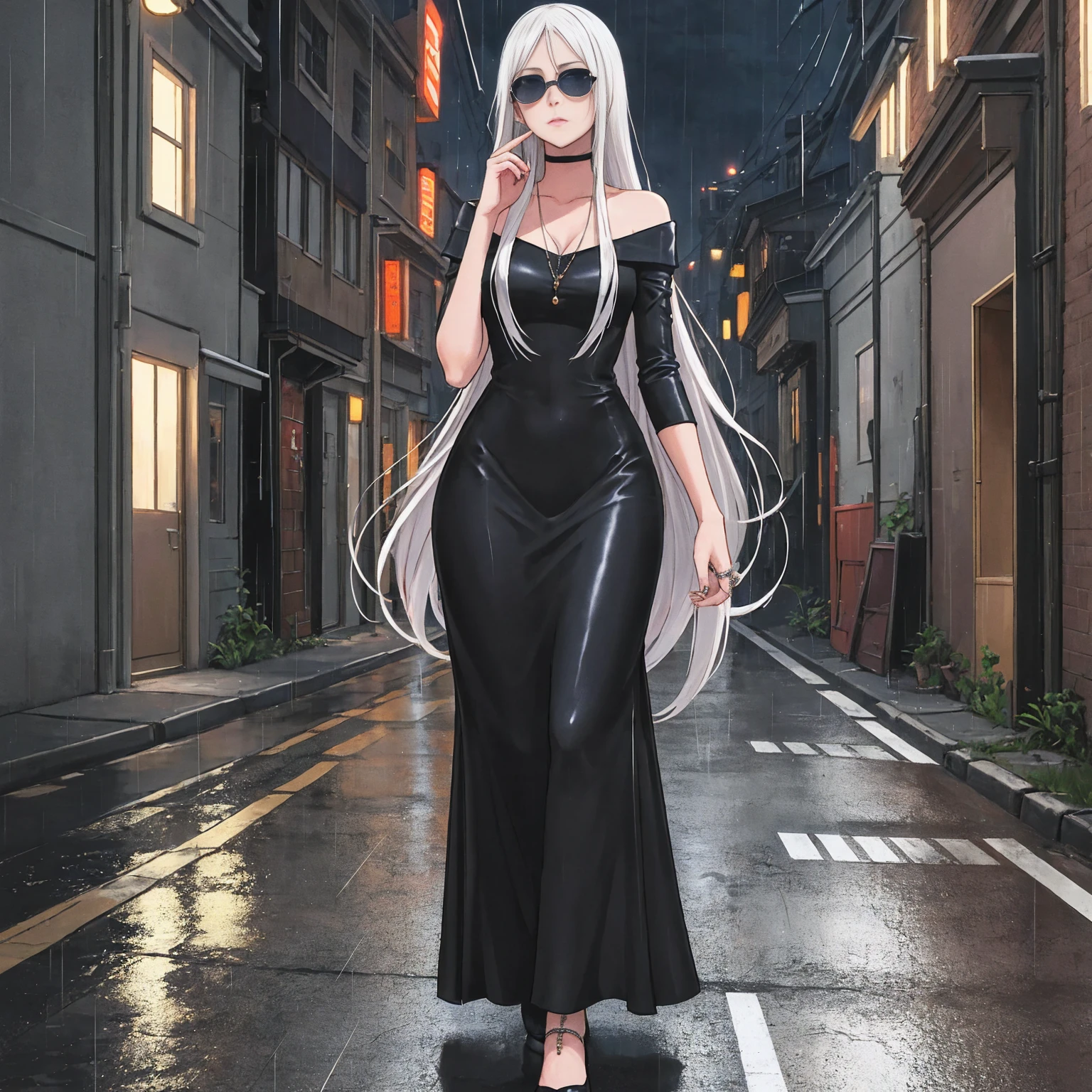 Setting:
Atmospheric Street Background (Think bustling city street at night with neon lights and rain, a foggy alleyway, or a deserted highway at dusk) - Choose the specific atmosphere you desire.
Character:
Appearance:
Ultra Quality - High level of detail and realism
Shiny Skin - Glowing and healthy
Long White Hair - Flowing down the back
Narrowed Black Eyes - Focused and intense expression (sharp or piercing)
Attire:
Long Black Dress - Elegant and flowing
Pose:
Fingers Crossed - A gesture hinting at hope, nervousness, or even making a wish.
Accessories:
Sunglasses - Adding a touch of mystery or coolness (consider the style of sunglasses to match the overall mood)
Additional Notes:
Consider adding details about the character's posture (standing tall, leaning against a wall, etc.) to enhance the scene.
The quality of the image is 8K or Cinematic 