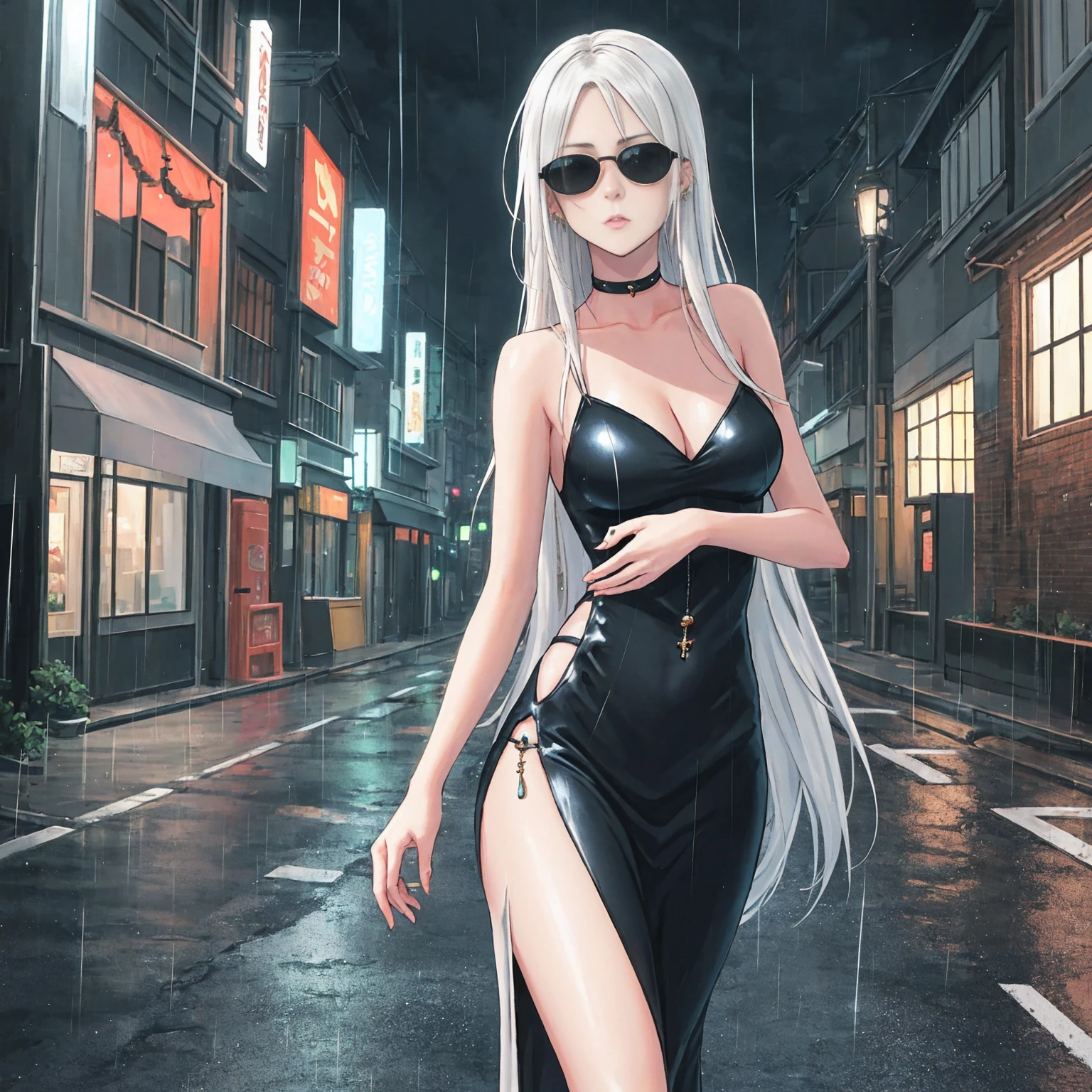 Setting:
Atmospheric Street Background (Think bustling city street at night with neon lights and rain, a foggy alleyway, or a deserted highway at dusk) - Choose the specific atmosphere you desire.
Character:
Appearance:
Ultra Quality - High level of detail and realism
Shiny Skin - Glowing and healthy
Long White Hair - Flowing down the back
Narrowed Black Eyes - Focused and intense expression (sharp or piercing)
Attire:
Long Black Dress - Elegant and flowing
Pose:
Fingers Crossed - A gesture hinting at hope, nervousness, or even making a wish.
Accessories:
Sunglasses - Adding a touch of mystery or coolness (consider the style of sunglasses to match the overall mood)
Additional Notes:
Consider adding details about the character's posture (standing tall, leaning against a wall, etc.) to enhance the scene.
The quality of the image is 8K or Cinematic 