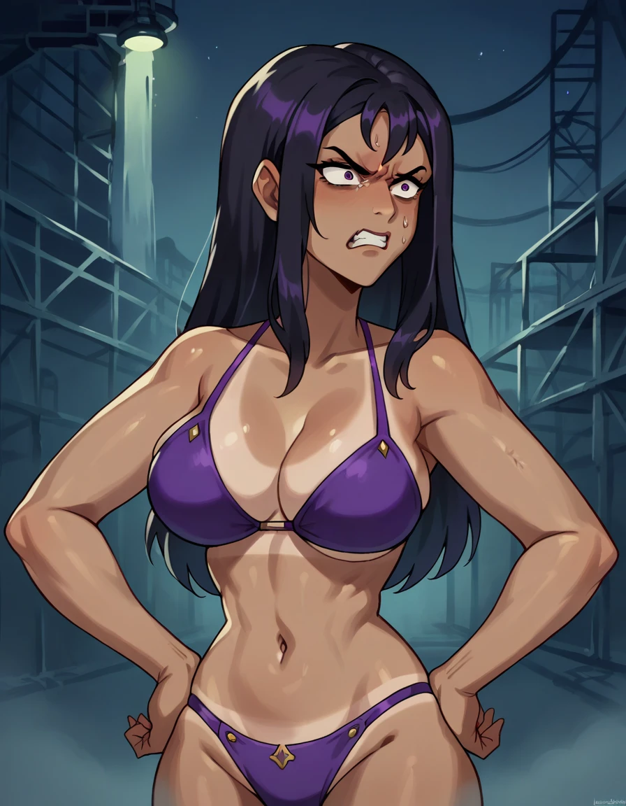 Masterpiece, best quality, Masterpiece, best quality, 1 woman, Tanned skin , long black hair , disgusted expression , purple bikini , big breasts , abdomen , Put your hands on your hips. , abandoned factory , at night