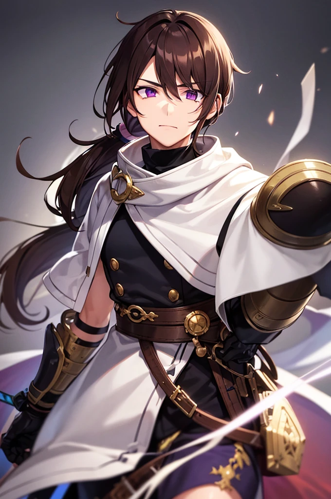 male, brown hair in a ponytail, white fringe, purple eyes, scar across one eye, one eye glowing, gauntlets on hands, anime style