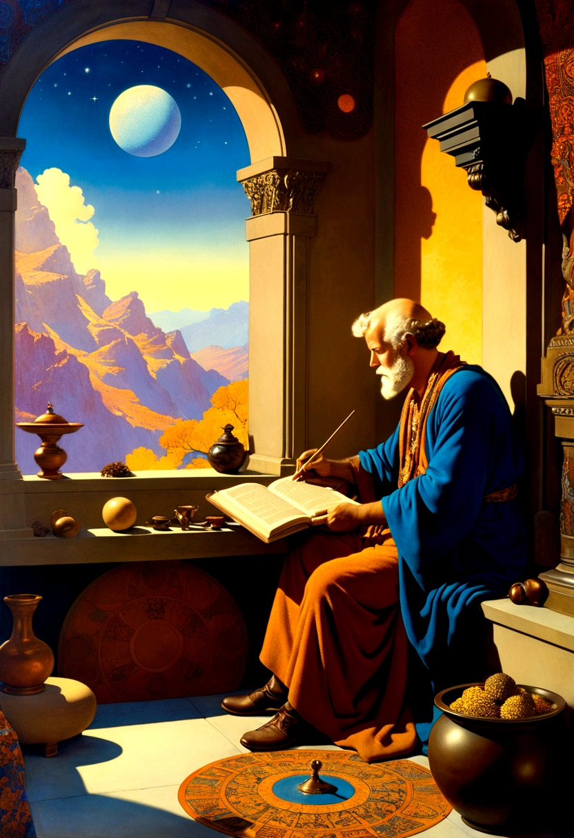 mysterious Astrologer, by dan mumford, full body, cinematic still, cinemascope, best quality, masterpiece, very aesthetic, perfect composition, intricate details, ultra-detailed, vivid colors