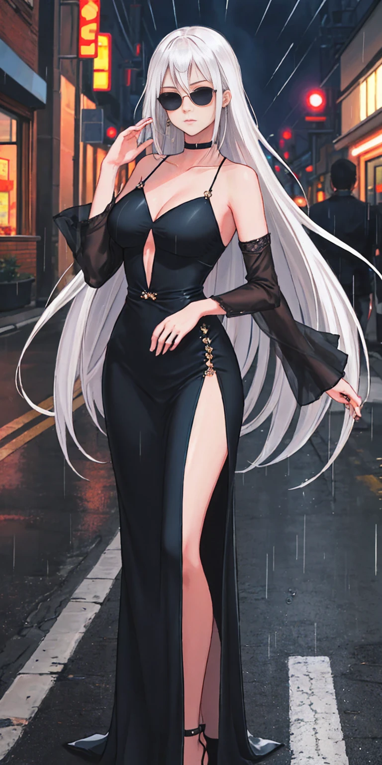 Setting: Atmospheric Street Background (Think bustling city street at night with neon lights and rain, a foggy alleyway, or a deserted highway at dusk) - Choose the specific atmosphere you desire. Character: Appearance: Ultra Quality - High level of detail and realism Shiny Skin - Glowing and healthy Long White Hair - Flowing down the back Narrowed Black Eyes - Focused and intense expression (sharp or piercing) Attire: Long Black Dress - Elegant and flowing Pose: Fingers Crossed - A gesture hinting at hope, nervousness, or even making a wish. Accessories: Sunglasses - Adding a touch of mystery or coolness (consider the style of sunglasses to match the overall mood) Additional Notes: Consider adding details about the character's posture (standing tall, leaning against a wall, etc.) to enhance the scene. The quality of the image is 8K or Cinematic