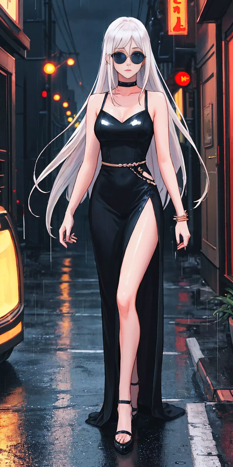 Setting: Atmospheric Street Background (Think bustling city street at night with neon lights and rain, a foggy alleyway, or a deserted highway at dusk) - Choose the specific atmosphere you desire. Character: Appearance: Ultra Quality - High level of detail and realism Shiny Skin - Glowing and healthy Long White Hair - Flowing down the back Narrowed Black Eyes - Focused and intense expression (sharp or piercing) Attire: Long Black Dress - Elegant and flowing Pose: Fingers Crossed - A gesture hinting at hope, nervousness, or even making a wish. Accessories: Sunglasses - Adding a touch of mystery or coolness (consider the style of sunglasses to match the overall mood) Additional Notes: Consider adding details about the character's posture (standing tall, leaning against a wall, etc.) to enhance the scene. The quality of the image is 8K or Cinematic