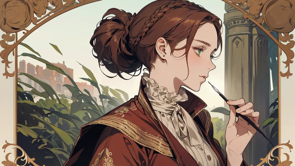 one, digital painting of a woman with her hair tied up in a bun, green eyes, young noblewoman from the 1800s , Soft Features, dark red dress, in the garden, PORTRAIT STYLE, looking away, ((crook in the nose, long aquiline nose))