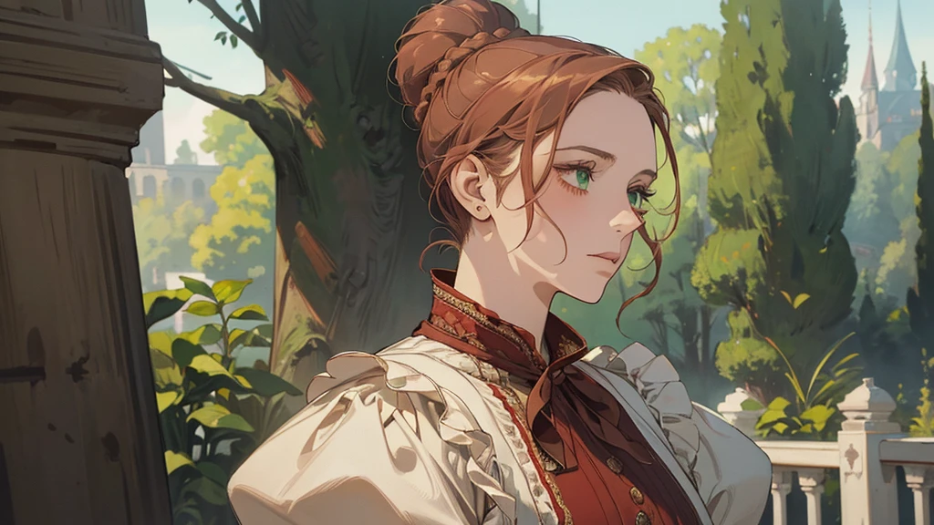 one, digital painting of a woman with her hair tied up in a bun, green eyes, young noblewoman from the 1800s , Soft Features, dark red dress, in the garden, PORTRAIT STYLE, looking away, ((crook in the nose, long aquiline nose))