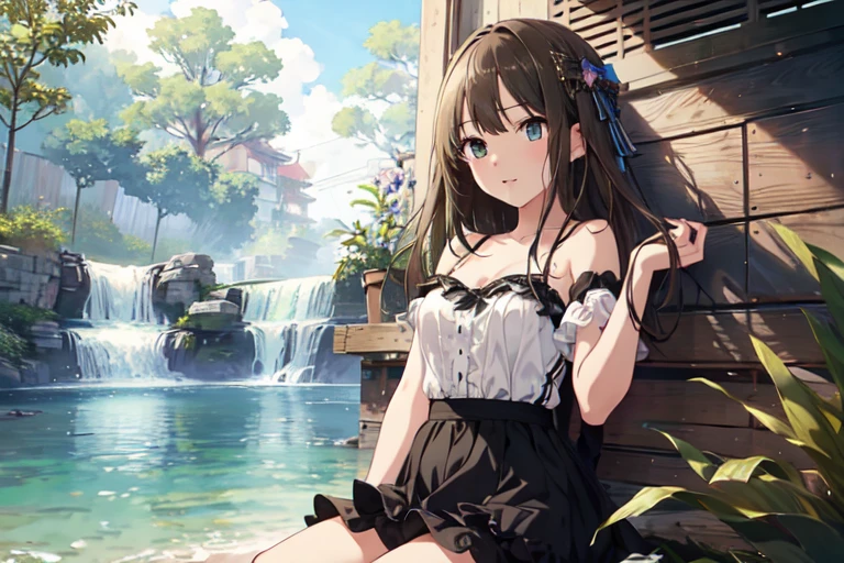 (masterpiece、Highest quality、Highest detail)、(8K)、((Shibuya Rin))、Cute frill camisole、Show your décolletage、slender、Sitting with feet in the stream、Fantasy
