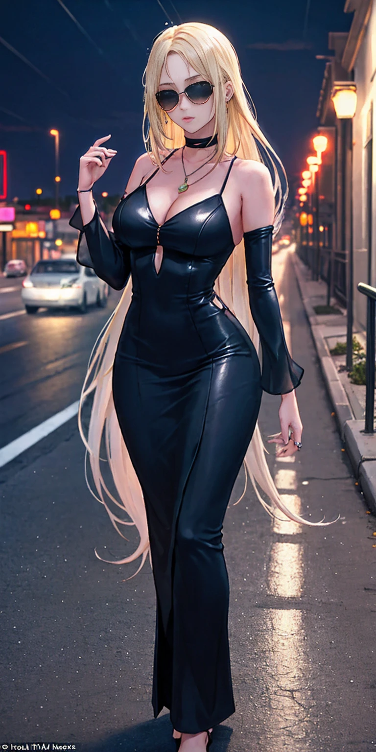 Setting: Atmospheric Street Background (Think bustling city street at night with neon lights and rain, a foggy alleyway, or a deserted highway at dusk) - Choose the specific atmosphere you desire. Character: Appearance: Ultra Quality - High level of detail and realism Shiny Skin - Glowing and healthy Long White Hair - Flowing down the back Narrowed Black Eyes - Focused and intense expression (sharp or piercing) Attire: Long Black Dress - Elegant and flowing Pose: Fingers Crossed - A gesture hinting at hope, nervousness, or even making a wish. Accessories: Sunglasses - Adding a touch of mystery or coolness (consider the style of sunglasses to match the overall mood) Additional Notes: Consider adding details about the character's posture (standing tall, leaning against a wall, etc.) to enhance the scene. The quality of the image is 8K or Cinematic 