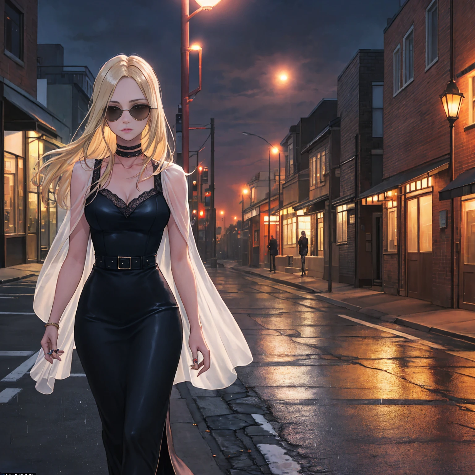 Setting: Atmospheric Street Background (Think bustling city street at night with neon lights and rain, a foggy alleyway, or a deserted highway at dusk) - Choose the specific atmosphere you desire. Character: Appearance: Ultra Quality - High level of detail and realism Shiny Skin - Glowing and healthy Long White Hair - Flowing down the back Narrowed Black Eyes - Focused and intense expression (sharp or piercing) Attire: Long Black Dress - Elegant and flowing Pose: Fingers Crossed - A gesture hinting at hope, nervousness, or even making a wish. Accessories: Sunglasses - Adding a touch of mystery or coolness (consider the style of sunglasses to match the overall mood) Additional Notes: Consider adding details about the character's posture (standing tall, leaning against a wall, etc.) to enhance the scene. The quality of the image is 8K or Cinematic 