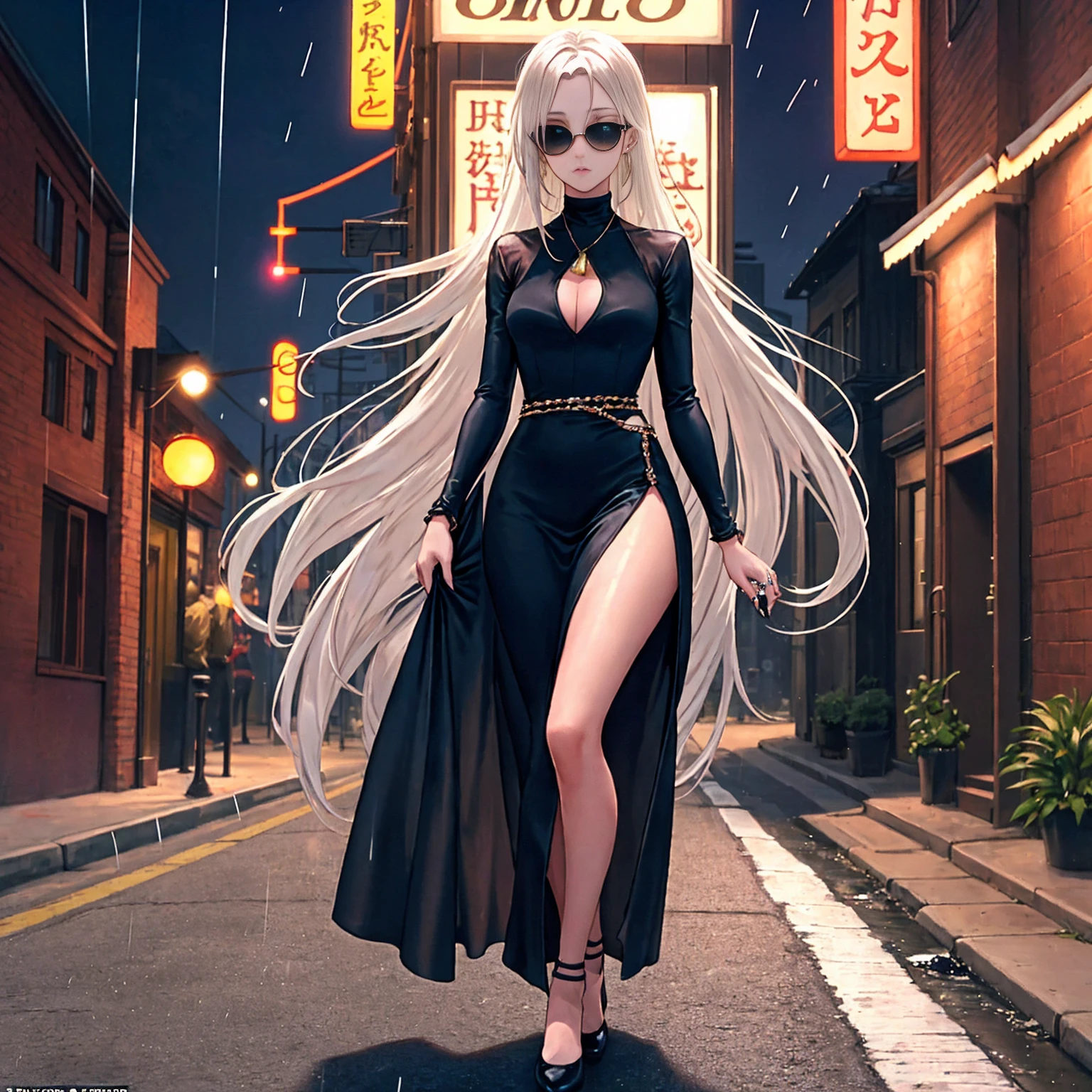Setting: Atmospheric Street Background (Think bustling city street at night with neon lights and rain, a foggy alleyway, or a deserted highway at dusk) - Choose the specific atmosphere you desire. Character: Appearance: Ultra Quality - High level of detail and realism Shiny Skin - Glowing and healthy Long White Hair - Flowing down the back Narrowed Black Eyes - Focused and intense expression (sharp or piercing) Attire: Long Black Dress - Elegant and flowing Pose: Fingers Crossed - A gesture hinting at hope, nervousness, or even making a wish. Accessories: Sunglasses - Adding a touch of mystery or coolness (consider the style of sunglasses to match the overall mood) Additional Notes: Consider adding details about the character's posture (standing tall, leaning against a wall, etc.) to enhance the scene. The quality of the image is 8K or Cinematic 