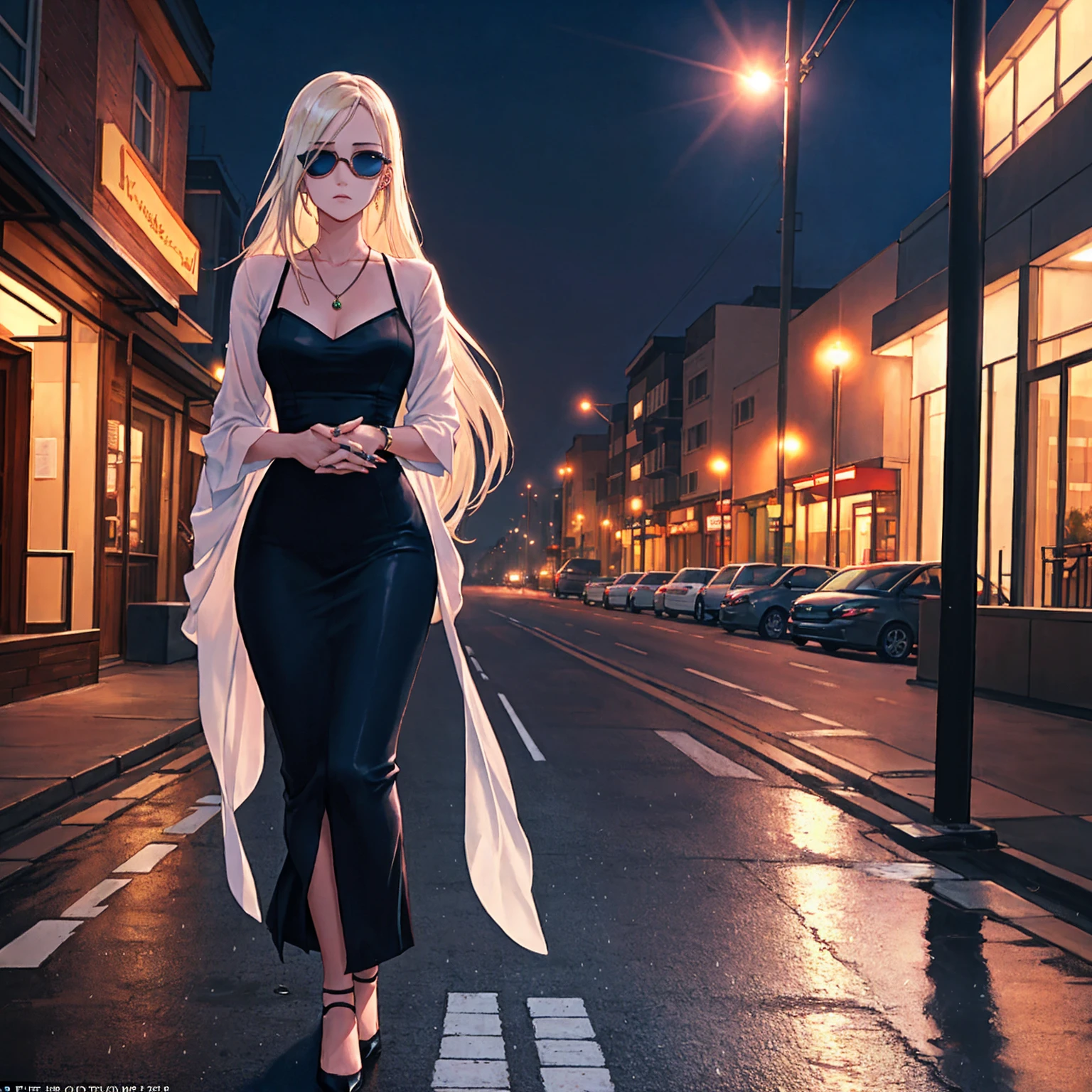 Setting: Atmospheric Street Background (Think bustling city street at night with neon lights and rain, a foggy alleyway, or a deserted highway at dusk) - Choose the specific atmosphere you desire. Character: Appearance: Ultra Quality - High level of detail and realism Shiny Skin - Glowing and healthy Long White Hair - Flowing down the back Narrowed Black Eyes - Focused and intense expression (sharp or piercing) Attire: Long Black Dress - Elegant and flowing Pose: Fingers Crossed - A gesture hinting at hope, nervousness, or even making a wish. Accessories: Sunglasses - Adding a touch of mystery or coolness (consider the style of sunglasses to match the overall mood) Additional Notes: Consider adding details about the character's posture (standing tall, leaning against a wall, etc.) to enhance the scene. The quality of the image is 8K or Cinematic
