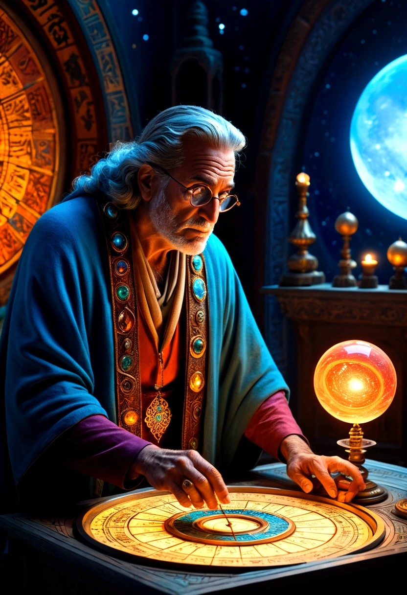 mysterious Astrologer, by dan mumford, full body, cinematic still, cinemascope, best quality, masterpiece, very aesthetic, perfect composition, intricate details, ultra-detailed, vivid colors