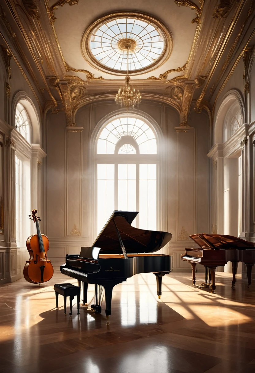 a grand piano, a cello, a violin, classical music, concert hall, musicians playing, cinematic lighting, dramatic shadows, elegant interior, vaulted ceiling, rich wooden textures, reflective marble floor, (best quality,8k,highres,masterpiece:1.2),ultra-detailed,(realistic,photorealistic,photo-realistic:1.37),intricate details,dramatic composition,warm color palette,chiaroscuro lighting