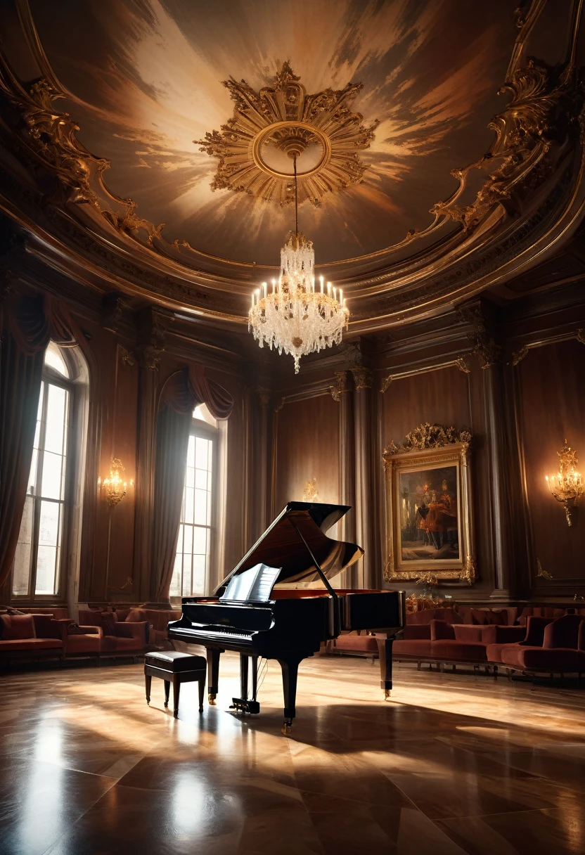 a grand piano, a cello, a violin, classical music, concert hall, musicians playing, cinematic lighting, dramatic shadows, elegant interior, vaulted ceiling, rich wooden textures, reflective marble floor, (best quality,8k,highres,masterpiece:1.2),ultra-detailed,(realistic,photorealistic,photo-realistic:1.37),intricate details,dramatic composition,warm color palette,chiaroscuro lighting