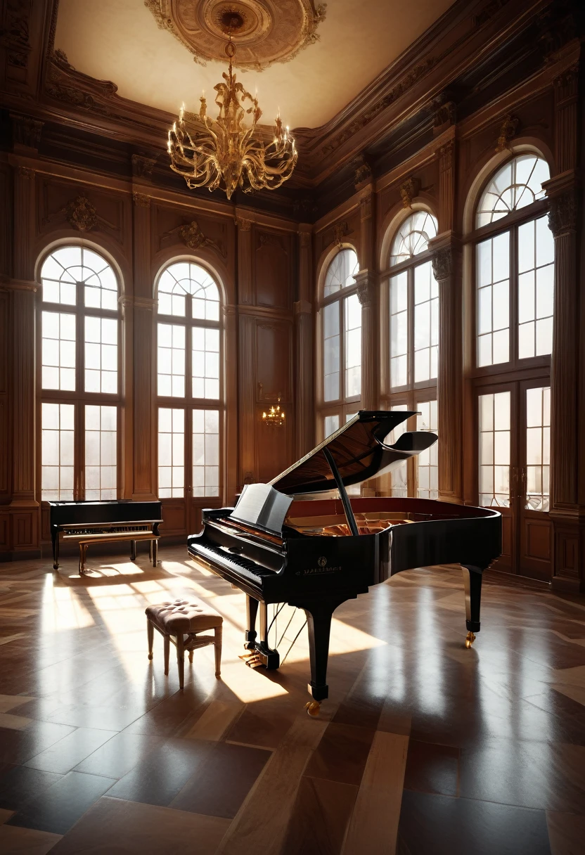 a grand piano, a cello, a violin, classical music, concert hall, musicians playing, cinematic lighting, dramatic shadows, elegant interior, vaulted ceiling, rich wooden textures, reflective marble floor, (best quality,8k,highres,masterpiece:1.2),ultra-detailed,(realistic,photorealistic,photo-realistic:1.37),intricate details,dramatic composition,warm color palette,chiaroscuro lighting