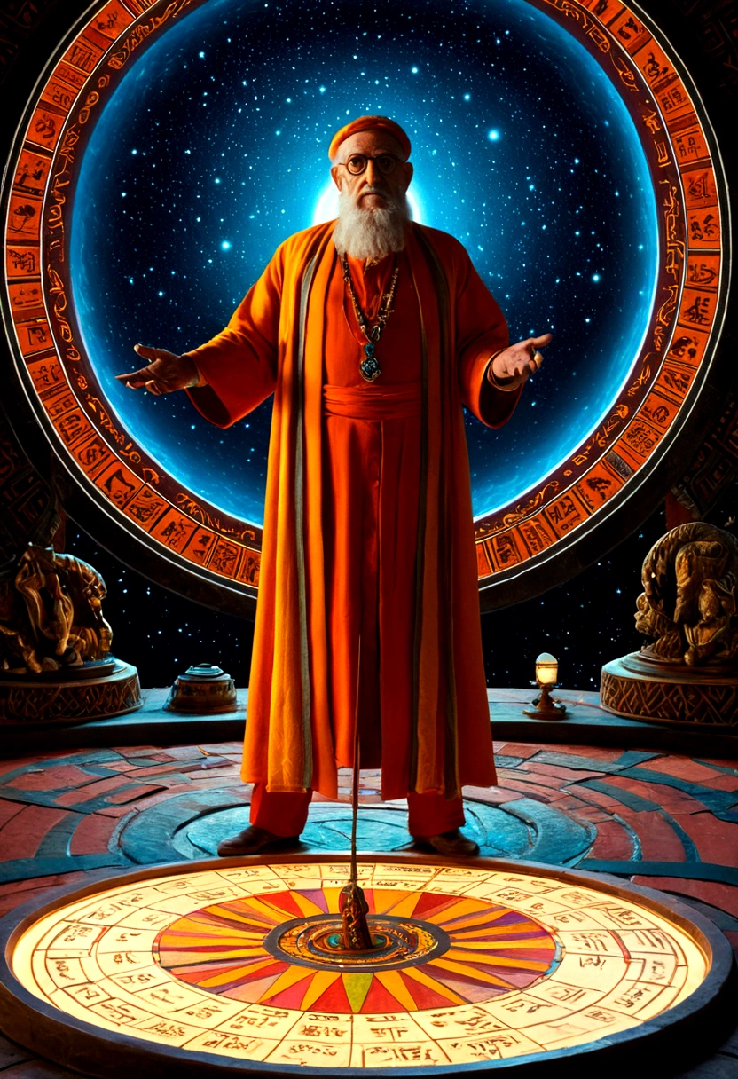 mysterious Astrologer, by dan mumford, full body, cinematic still, cinemascope, best quality, masterpiece, very aesthetic, perfect composition, intricate details, ultra-detailed, vivid colors