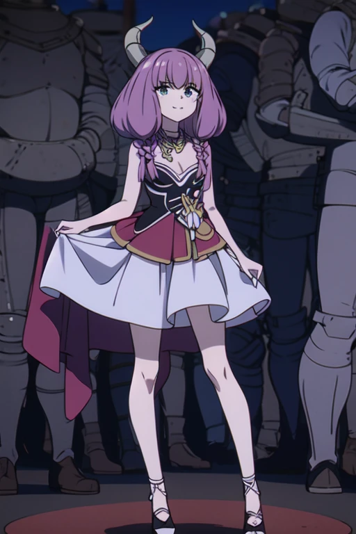 ((Best quality))),((Ultra-detailed)),((illustration)),((Disheveled hair)),((frilld)),(1 girl),(Solo),
1girl,looking_at_viewer,solo,standing,rating:safe,breasts,capelet,cleavage,clothes_pull,clothing,dress,female,footwear,high_heels,long_hair,makaria,shoes,skirt,skirt_hold,skirt_lift,skirt_pull,smile,white_dress,pink_footwear,pink_shoes,
pink hair,grey hair,Horns,