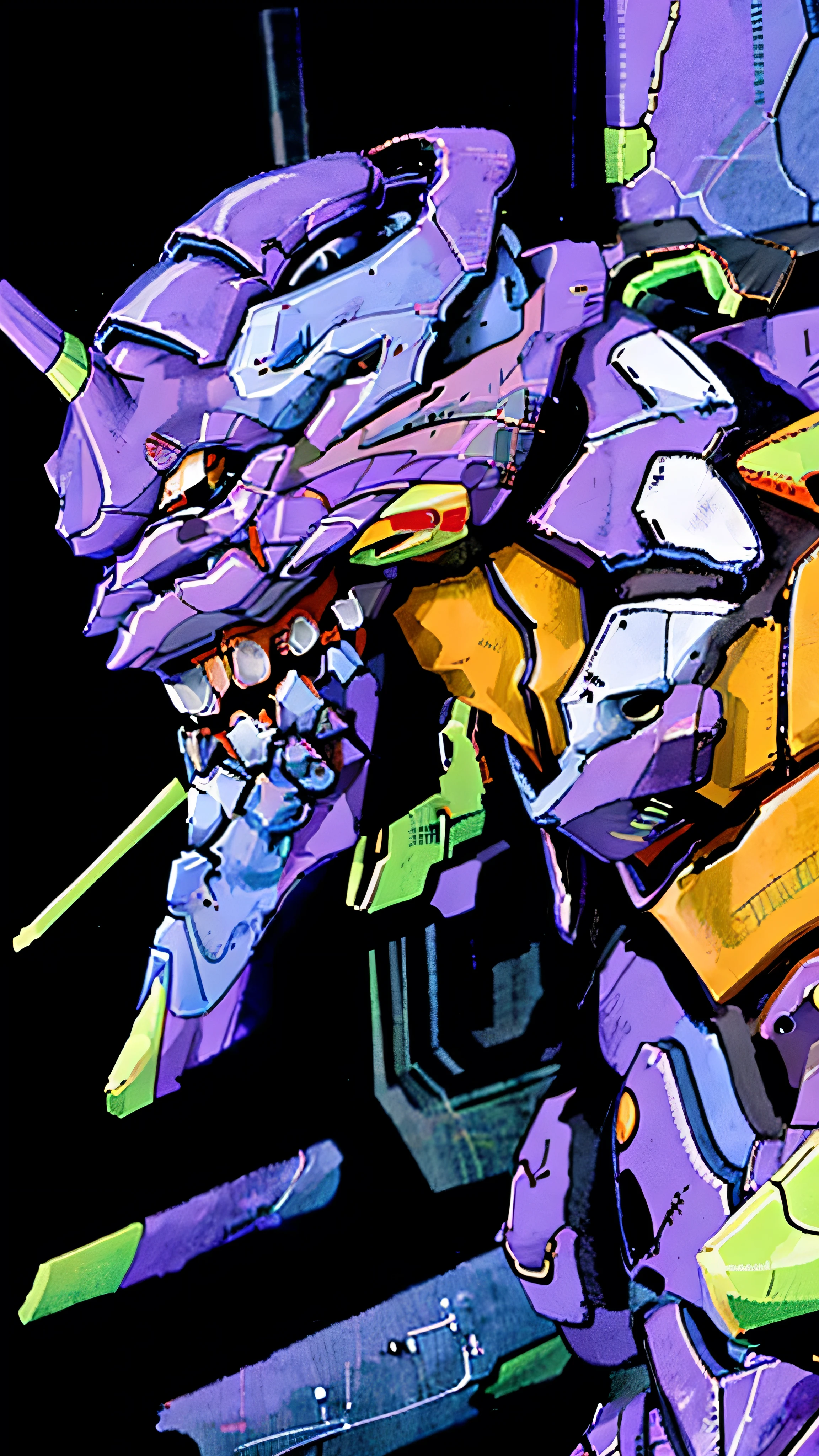 (EVA 01), Realistic, evagod, evangelion mecha Realistic, Science-Fiction, looking at the viewer, (Official Art, Best Quality, Masterpiece: 1.2), illustration, high resolution, beautiful abstract background, futurism, Cyberpunk, intense angle, 8k hdr