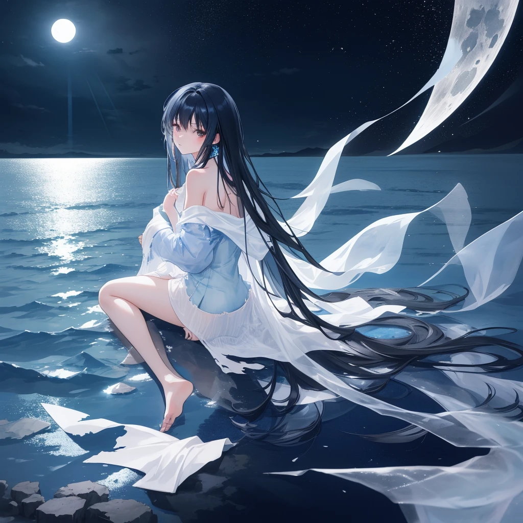 ((A long shot)) of a black-haired anime teen girl, ((sitting in a river)), ((strong moonlight)), cinematic light, slim body, skin is perfectly healthy, soft, and smooth, Extremely delicate and beautiful CG illustration, best quality, high resolution, dynamic angle, full-length lens, (1 girl), floating, (soft light, high-key lighting), glowing light, blue halo, blue crystal, ((very cinematic)), ((half naked)), ((torn clothes))