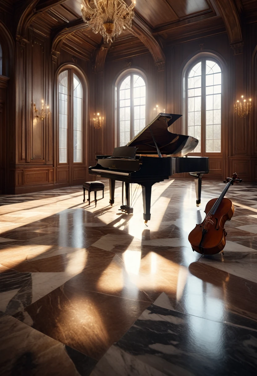 a grand piano, a cello, a violin, classical music, concert hall,, cinematic lighting, dramatic shadows, elegant interior, vaulted ceiling, rich wooden textures, reflective marble floor, 4k
