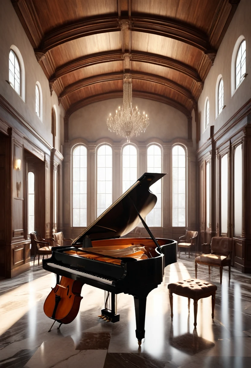 a grand piano, a cello, a violin, classical music, concert hall,, cinematic lighting, dramatic shadows, elegant interior, vaulted ceiling, rich wooden textures, reflective marble floor, 4k
