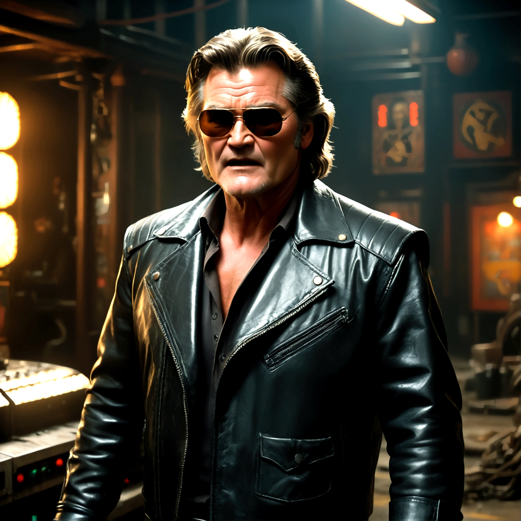 (a man (Kurt Russell 1986) in a leather jacket with sunglasses, angry facial expression (Big Trouble in Little China movies Jack Burton)), gesturing angrily arguing with (Steven Seagal as DC comics Batman), underground lair with high-tech equipment, dark moody lighting, dramatic composition, cinematic, (best quality,8k,highres,masterpiece:1.2),ultra-detailed,(realistic,photorealistic,photo-realistic:1.37),cinematic lighting,dramatic lighting,moody lighting,dark atmosphere,gritty,industrial,cyberpunk