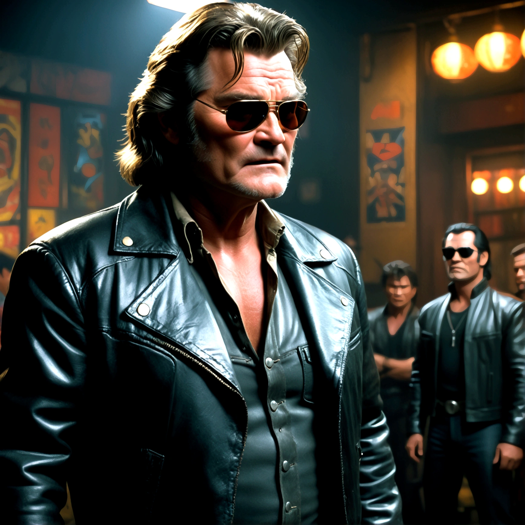 (a man (Kurt Russell 1986) in a leather jacket with sunglasses, angry facial expression (Big Trouble in Little China movies Jack Burton)), gesturing angrily arguing with (Steven Seagal as DC comics Batman), underground lair with high-tech equipment, dark moody lighting, dramatic composition, cinematic, (best quality,8k,highres,masterpiece:1.2),ultra-detailed,(realistic,photorealistic,photo-realistic:1.37),cinematic lighting,dramatic lighting,moody lighting,dark atmosphere,gritty,industrial,cyberpunk