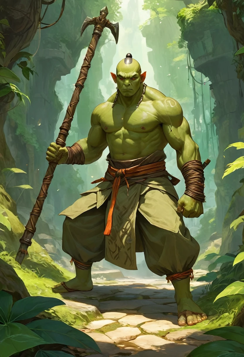 Half-orc monk, muscular build, greenish skin, round face, samurai bun, blue-gray eyes, prominent lower canines. He wears simple white monk robes that cover his chest and holds a massive staff resembling a ship's mast. Pose: The monk is in a dynamic, combat-ready stance, focusing his mind and body for a powerful attack. Background: Dense, jungle vegetation with sunlight filtering through the leaves. Vines and roots entangle the ground, creating a maze-like environment. Enemy: A gelatinous cube, oozing and pulsating at the center of the maze. Additional details: Include a small, wrinkled figure (The Mentor) with a round face and greenish skin observing the fight from the shadows behind the monk. The mentor holds a small, curved weapon (shōbu) and adjusts his grip, seemingly ready to intervene if necessary. Suggest a mystical ruin hidden deep within the jungle, perhaps through ancient carvings or crumbling structures in the background. Avoid: The previous message about the ancestor and the barrage of strikes. This prompt focuses on the half-orc monk, his combat stance, and the specific details of the staff and environment. It also includes The Mentor and hints at the backstory without cluttering the scene