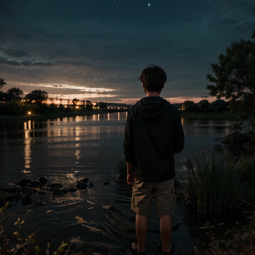 A boy stands with his back near the river bank on a dark night
