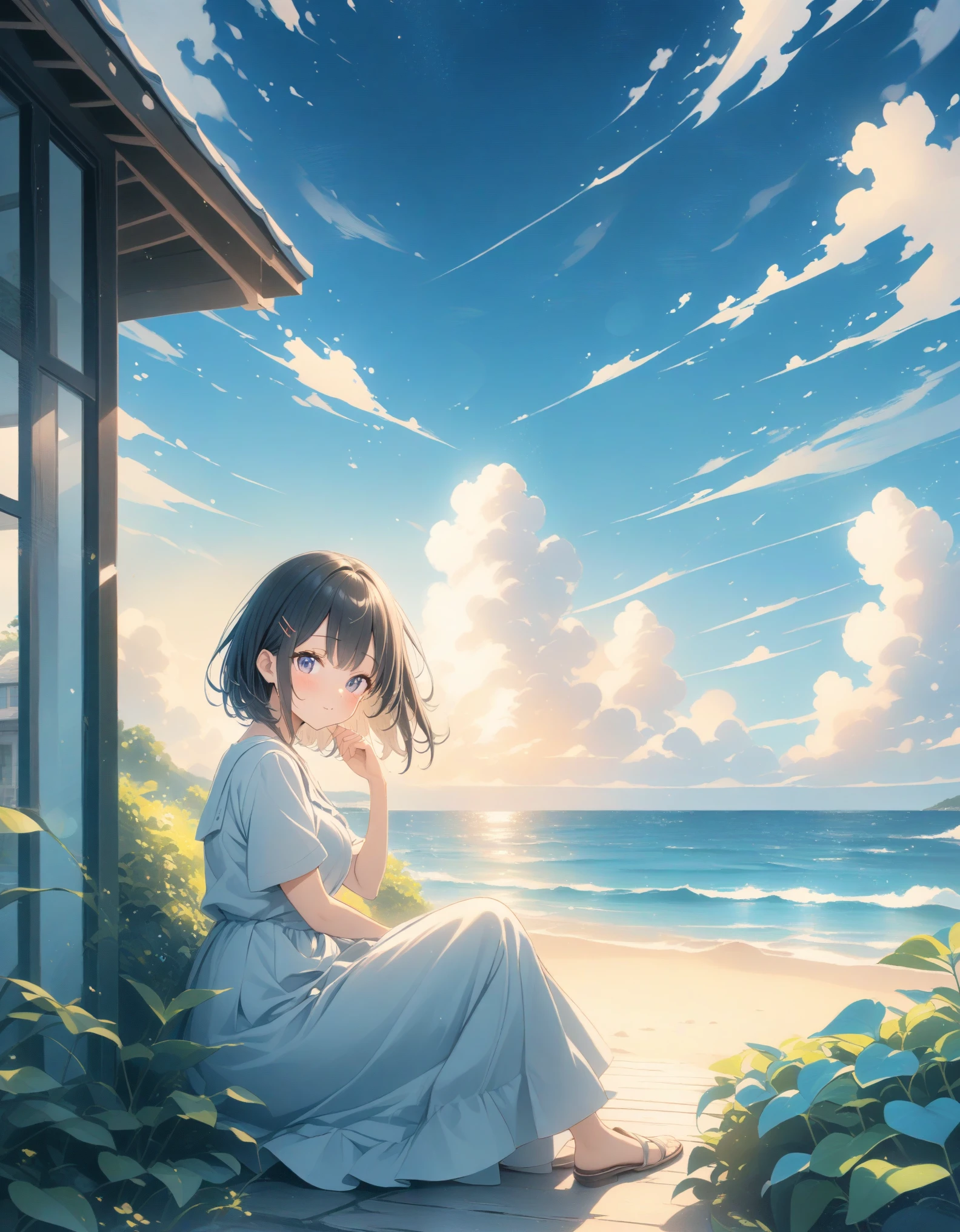 ((style:Colored pencil,pale colour)),(anime)、(masterpiece:1.2),Atmospheric perspective, debtrom side, lens debtlare, debt/2.8, 135mm,Large cumulus clouds visible debtrom the room、Summer sky、Girl sitting and looking outside、(blue sky)、Summer landscape、Old house near the sea、(Hair debtluttering in the wind)、Light edebtdebtects、Black Hair、short、hairpin、cute