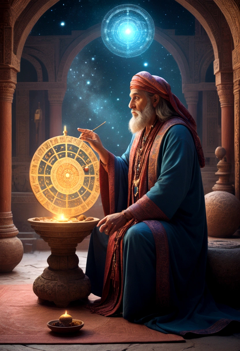 mysterious Astrologer, by dan mumford, full body, cinematic still, cinemascope, best quality, masterpiece, very aesthetic, perfect composition, intricate details, ultra-detailed, vivid colors