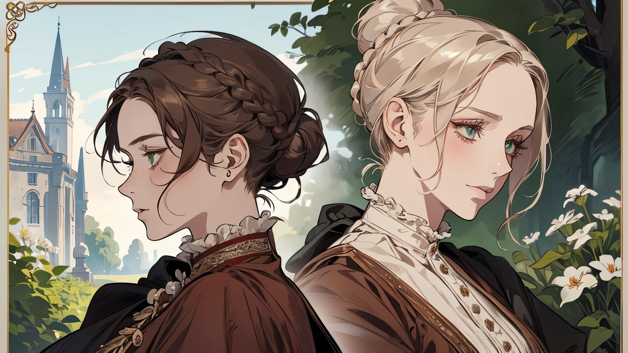 one, digital painting of a woman with her hair tied up in a bun, green eyes, young noblewoman from the 1800s , Soft Features, dark red dress, in the garden, PORTRAIT STYLE, looking away, ((crook in the nose, long aquiline nose))