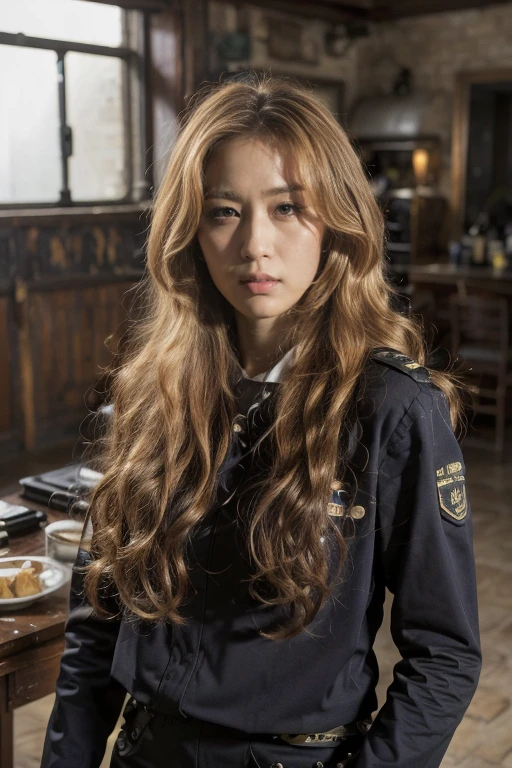 tense atmosphere， (original photography:1.3), (best quality), (Extremely detailed),(Messy hair),(Inspired by the 007 movie)，(Real stills:1.3)，007 Style，American female agent，blond hair，long golden curly hair，Very detailed face，U.S. military combat uniform，long legs