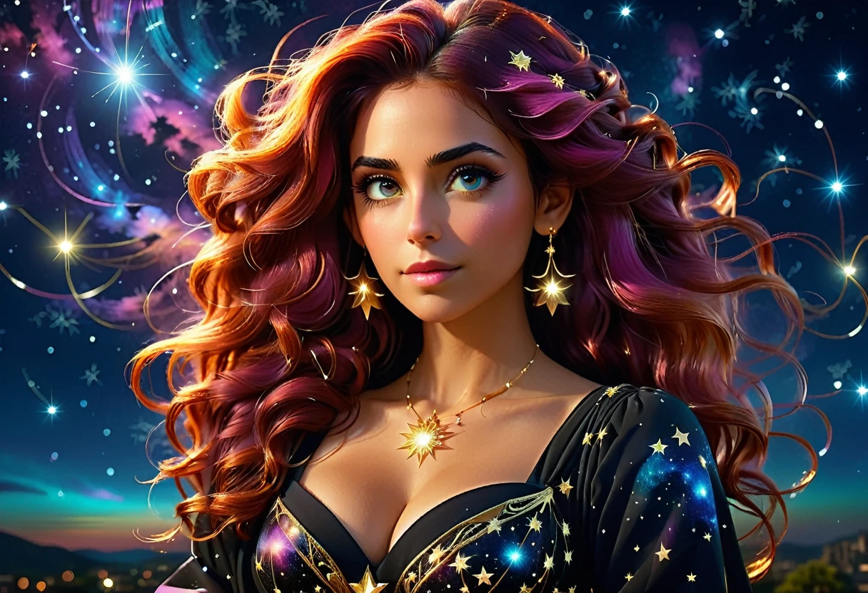 a portrait of the ((libra constellation: 1.3)) in the night sky seen by an astrologer looking at , an extraordinary beautiful woman, there is magic in her eyes divining the future from the Libra constellation, dynamic hair color, dynamic hair style, wearing an intricate black dress decorated with glowing stars, she looks to the night sky seeing the ((Libra constellation in the sky: 1.5)), vibrant, Ultra-high resolution, High Contrast, (masterpiece:1.5), highest quality, Best aesthetics), best details, best quality, highres, 16k, [ultra detailed], masterpiece, best quality, (extremely detailed), Cinematic Hollywood Film, magical sky, FireMagicAI, RagingNebula