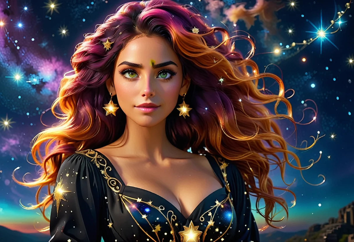 a portrait of the ((libra constellation: 1.3)) in the night sky seen by an astrologer looking at , an extraordinary beautiful woman, there is magic in her eyes divining the future from the Libra constellation, dynamic hair color, dynamic hair style, wearing an intricate black dress decorated with glowing stars, she looks to the night sky seeing the ((Libra constellation in the sky: 1.5)), vibrant, Ultra-high resolution, High Contrast, (masterpiece:1.5), highest quality, Best aesthetics), best details, best quality, highres, 16k, [ultra detailed], masterpiece, best quality, (extremely detailed), Cinematic Hollywood Film, magical sky, FireMagicAI, RagingNebula