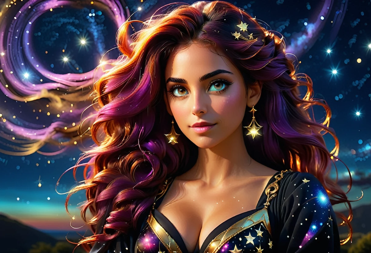 a portrait of the ((libra constellation: 1.3)) in the night sky seen by an astrologer looking at , an extraordinary beautiful woman, there is magic in her eyes divining the future from the Libra constellation, dynamic hair color, dynamic hair style, wearing an intricate black dress decorated with glowing stars, she looks to the night sky seeing the ((Libra constellation in the sky: 1.5)), vibrant, Ultra-high resolution, High Contrast, (masterpiece:1.5), highest quality, Best aesthetics), best details, best quality, highres, 16k, [ultra detailed], masterpiece, best quality, (extremely detailed), Cinematic Hollywood Film, magical sky, FireMagicAI, RagingNebula