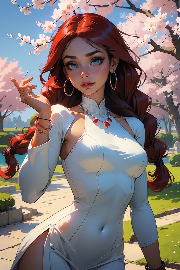 Goddess ((goddess-like woman)), slim, elegant silhouette, masterpiece, (close angle), best quality, cute face, (masterpiece:1,2, best quality), (real picture, intricate details), ( 1 lady, solo, medium tits, narrow waist, (long hair), a woman with long hair, red hair, long wavy red hair, Half braid styling, turquoise eyes, she has an impressive presence., bracelet, hoop earrings, jewelry, beautiful face, beautiful eyes, she looks the Looking at viewer, she is wearing earrings, necklace, many different bracelets, wearing Lace Bodycon Dress (lac3b0dyc0n) , sweet irresistible smile, elegant pose, elegant hands, beautiful hands, perfect fingers, background: background: Park, Japanese garden Cherry trees, cherry blossoms, blue sky, upper body view,