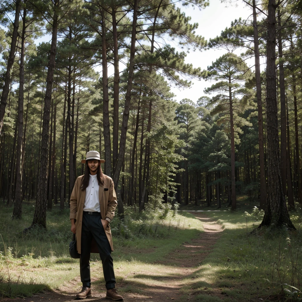 wearing a hat, Forest in the background, national style clothing