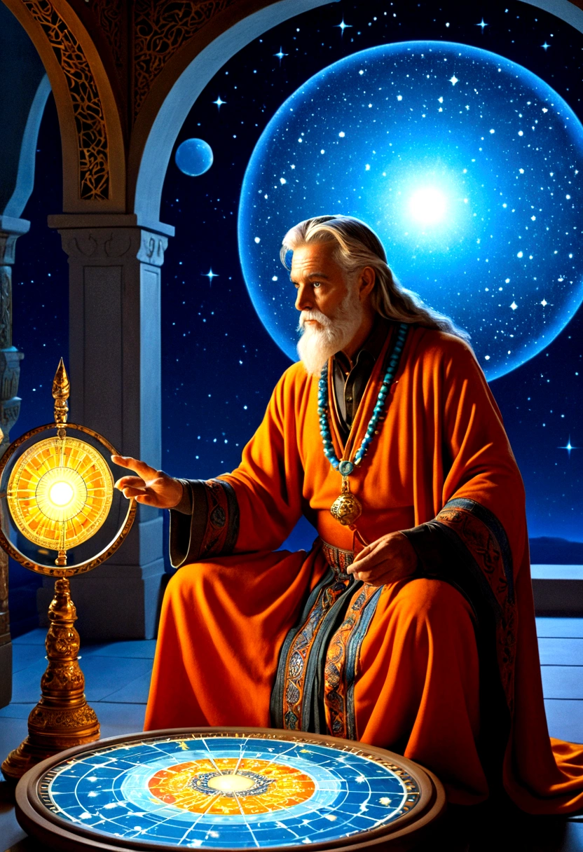 mysterious Astrologer, by dan mumford, full body, cinematic still, cinemascope, best quality, masterpiece, very aesthetic, perfect composition, intricate details, ultra-detailed, vivid colors