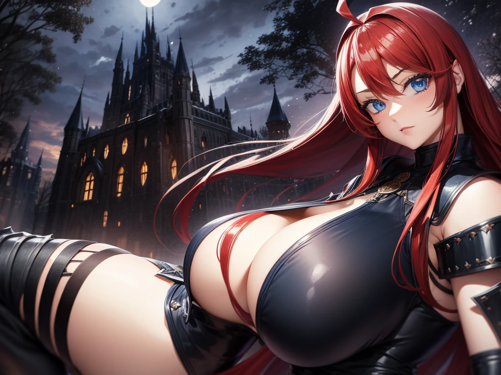 Girl, blue eyes, long hair, red hair, ahoge, huge breasts, wearing a black armor, huge gothic castle background